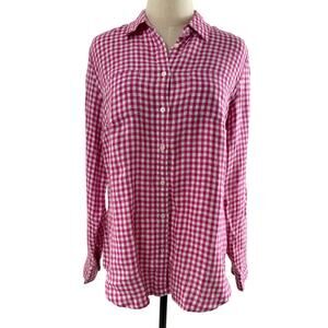 Talbots Preppy Fushia/White Gingham Linen Blend Shirt with Front Pockets, Size M